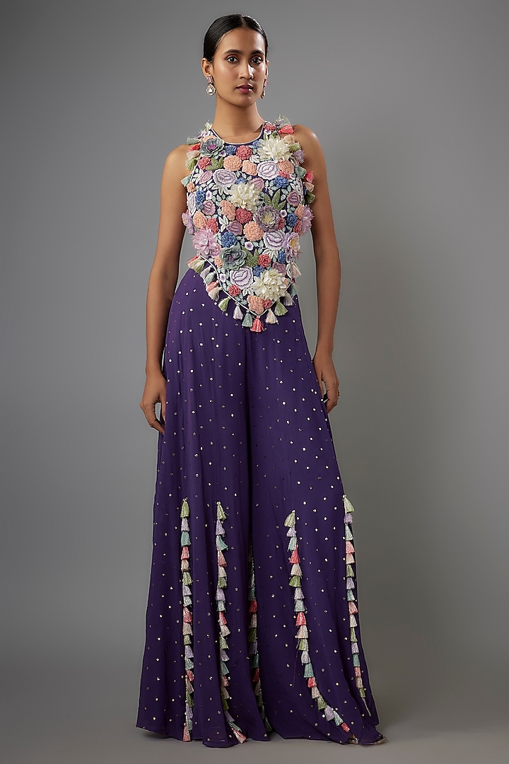 Purple Georgette Hand Embroidered Sharara Set by Payal Singhal at Pernia's Pop Up Shop