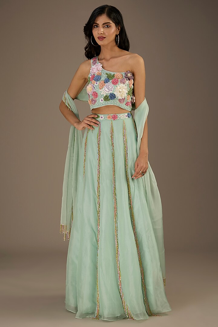 Seafoam Green Georgette Hand Embroidered Wedding Lehenga Set by Payal Singhal at Pernia's Pop Up Shop