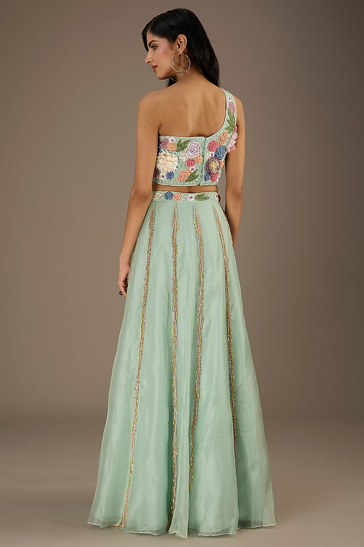 Seafoam Green Georgette Hand Embroidered Wedding Lehenga Set by Payal Singhal at Pernia's Pop Up Shop