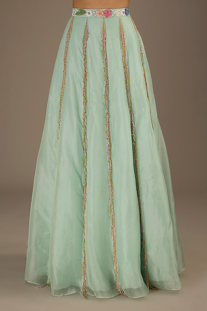 Seafoam Green Georgette Hand Embroidered Wedding Lehenga Set by Payal Singhal at Pernia's Pop Up Shop