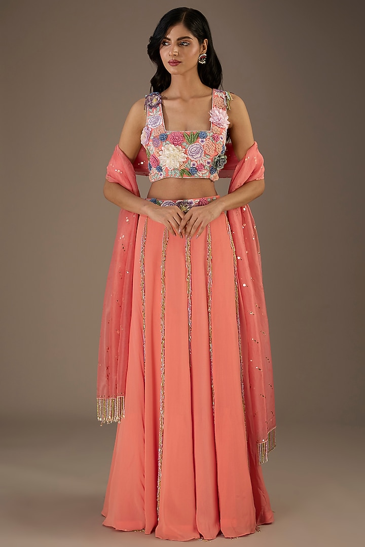 Coral Georgette Hand Embroidered Wedding Lehenga Set by Payal Singhal at Pernia's Pop Up Shop