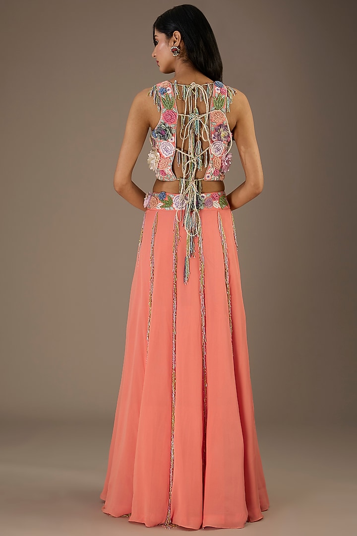 Coral Georgette Hand Embroidered Wedding Lehenga Set by Payal Singhal at Pernia's Pop Up Shop