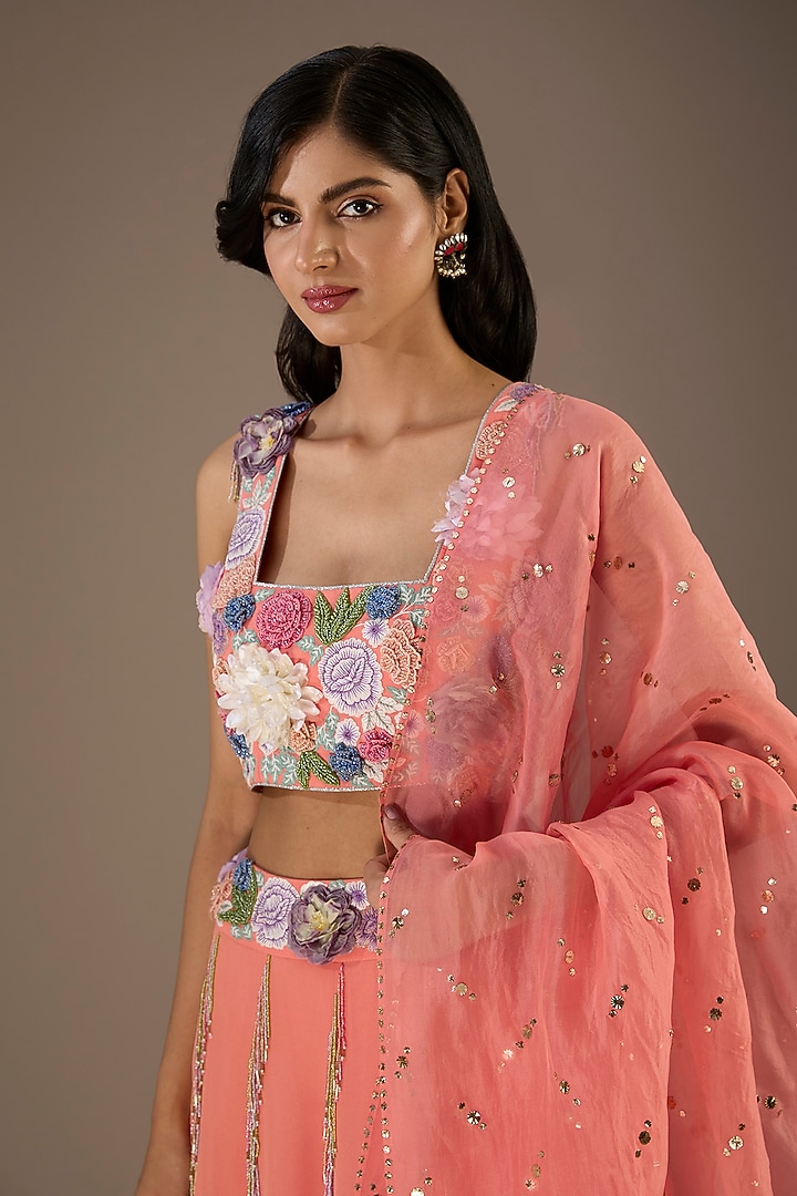 Coral Georgette Hand Embroidered Wedding Lehenga Set by Payal Singhal at Pernia's Pop Up Shop