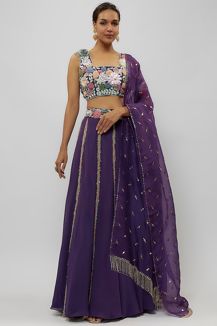 Purple Georgette Hand Embroidered Wedding Lehenga Set by Payal Singhal at Pernia's Pop Up Shop