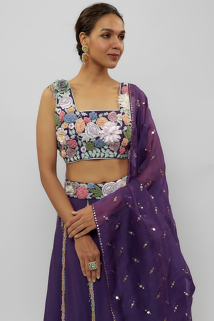Purple Georgette Hand Embroidered Wedding Lehenga Set by Payal Singhal at Pernia's Pop Up Shop