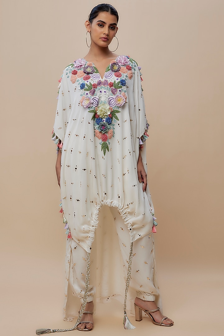 White Mukaish Georgette Hand Embroidered High-Low Kurta Set by Payal Singhal