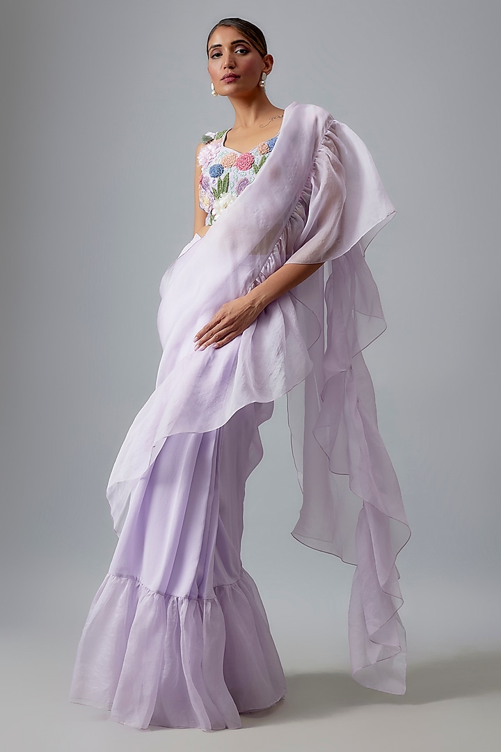 Lavender Georgette & Organza Frilled Pre-Stitched Saree Set by Payal Singhal at Pernia's Pop Up Shop