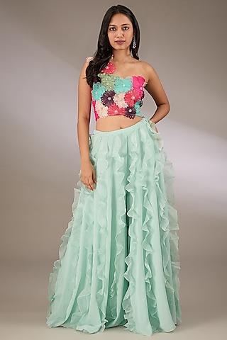 Aqua Georgette & Organza Ruffled Sharara Set by Payal Singhal