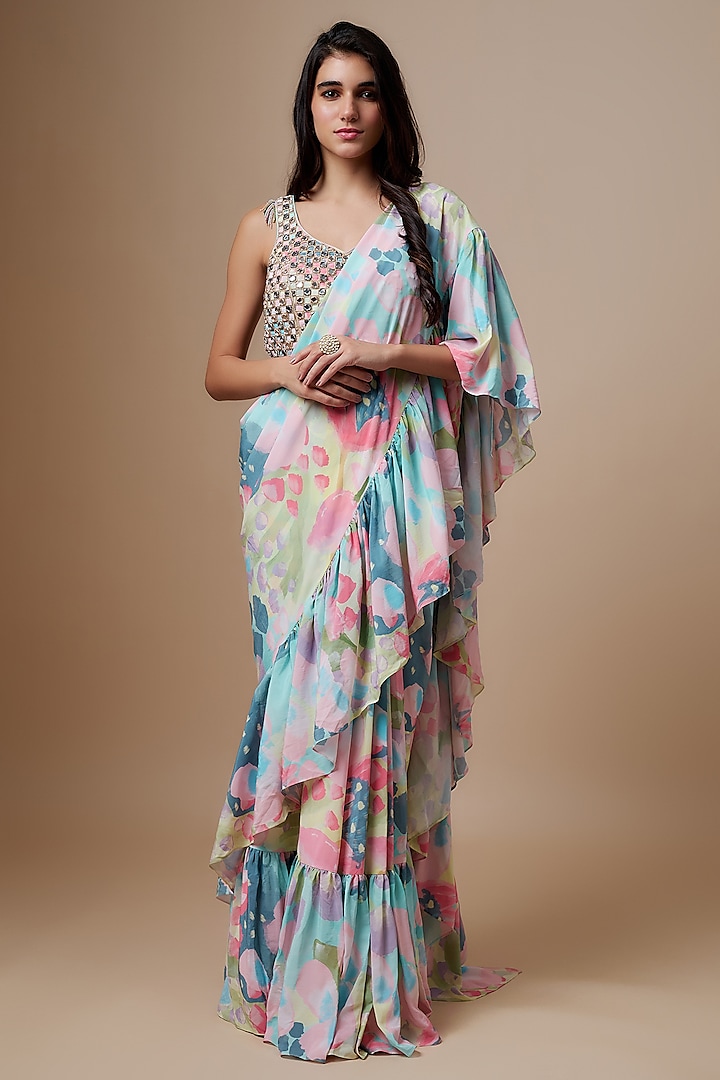Multi-Colored Crepe Euphoria Printed Ruffled Saree Set by Payal Singhal