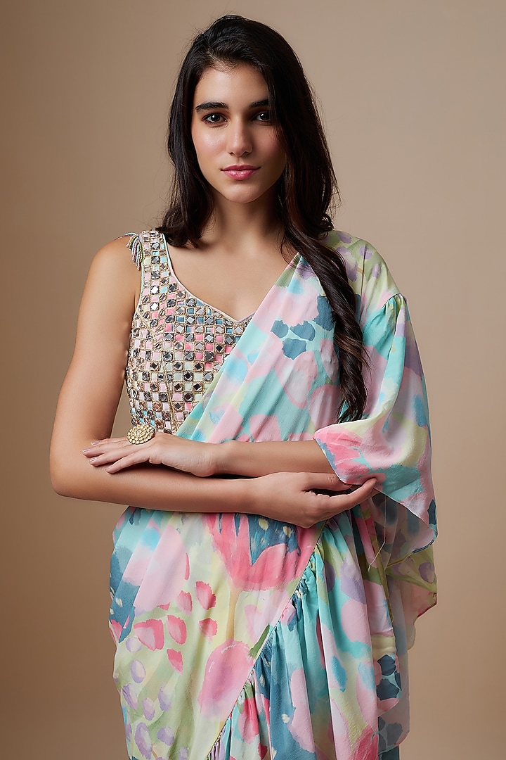 Multi-Colored Crepe Euphoria Printed Ruffled Reception Saree Set by Payal Singhal at Pernia's Pop Up Shop