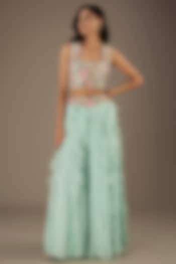 Aqua Georgette & Organza Ruffled Bridal Sharara Set by Payal Singhal at Pernia's Pop Up Shop