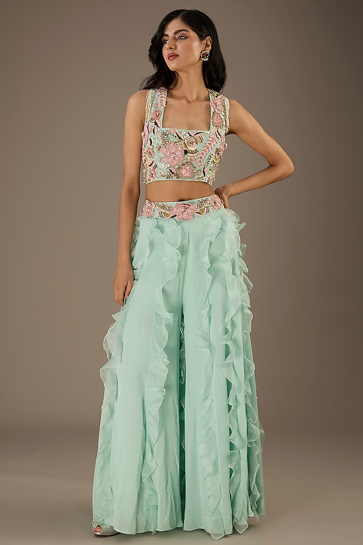 Aqua Georgette & Organza Ruffled Bridal Sharara Set by Payal Singhal at Pernia's Pop Up Shop
