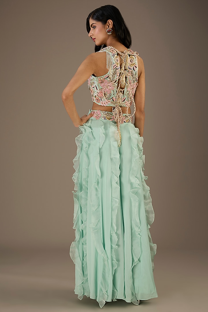 Aqua Georgette & Organza Ruffled Bridal Sharara Set by Payal Singhal at Pernia's Pop Up Shop
