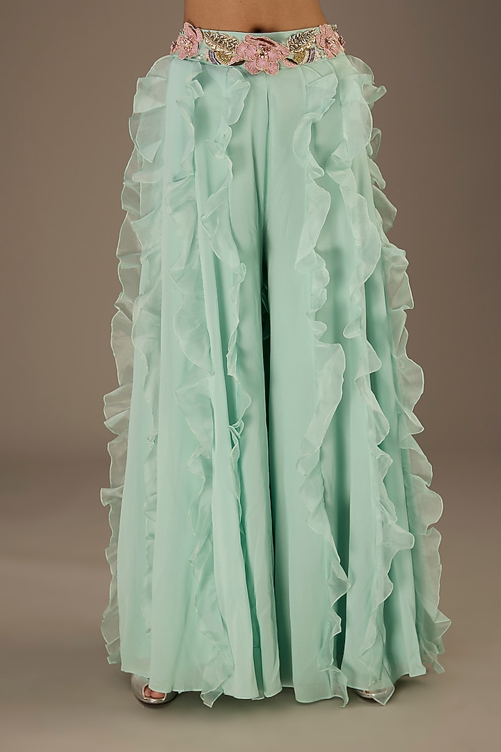 Aqua Georgette & Organza Ruffled Bridal Sharara Set by Payal Singhal at Pernia's Pop Up Shop