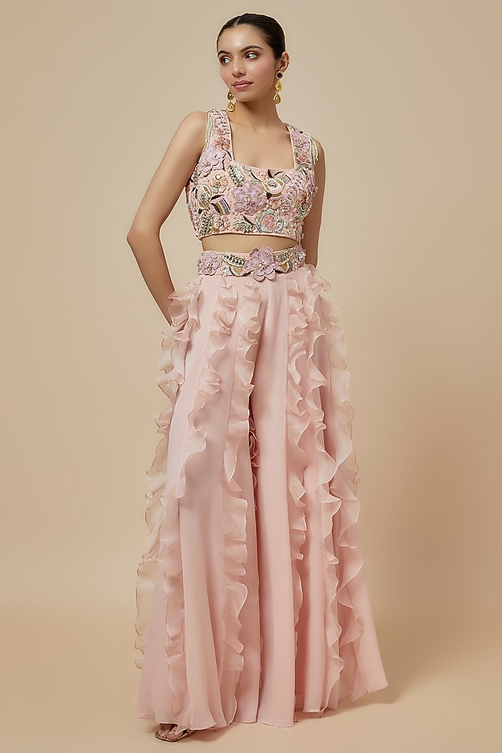 Rose Pink Georgette & Organza Ruffled Bridal Sharara Set by Payal Singhal at Pernia's Pop Up Shop