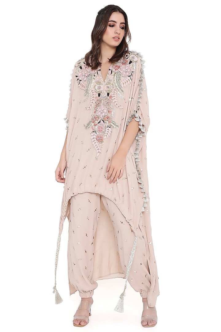Stone Color Mukaish Georgette Embroidered High-Low Kaftan Set by Payal Singhal