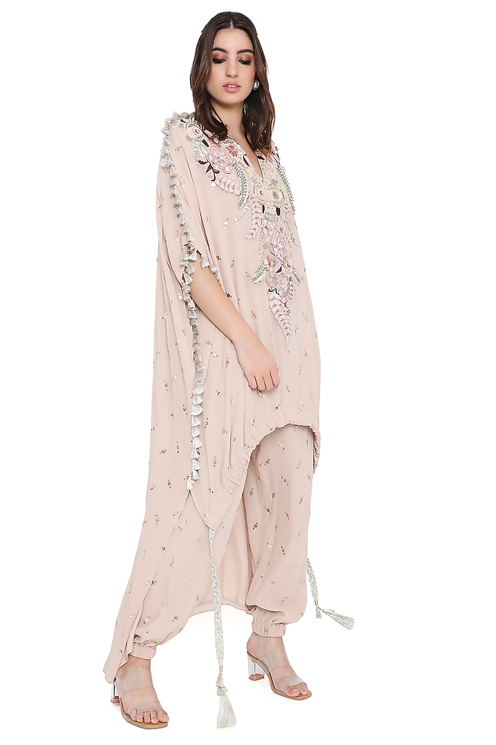 Stone Color Mukaish Georgette Embroidered High-Low Kaftan Set by Payal Singhal at Pernia's Pop Up Shop