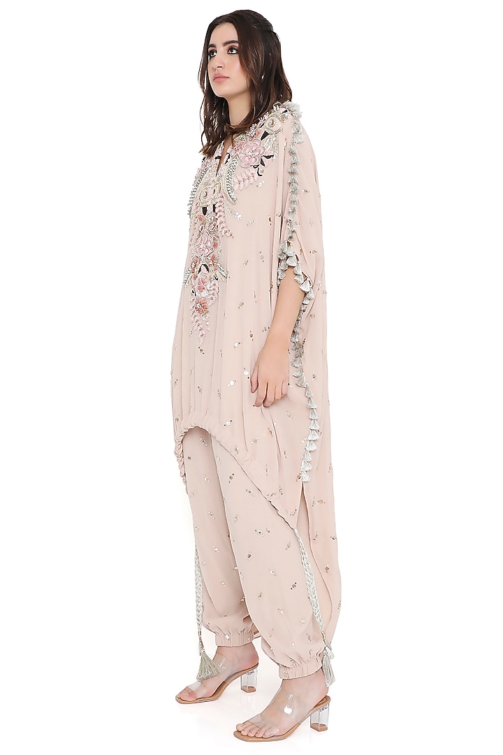 Stone Color Mukaish Georgette Embroidered High-Low Kaftan Set by Payal Singhal at Pernia's Pop Up Shop