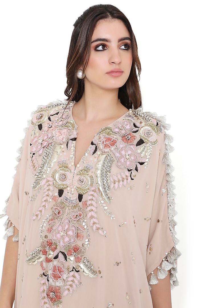 Stone Color Mukaish Georgette Embroidered High-Low Kaftan Set by Payal Singhal at Pernia's Pop Up Shop