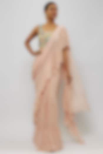 Blush Pink Mukaish Georgette Pre-Stitched Ruffled Reception Saree Set by Payal Singhal at Pernia's Pop Up Shop