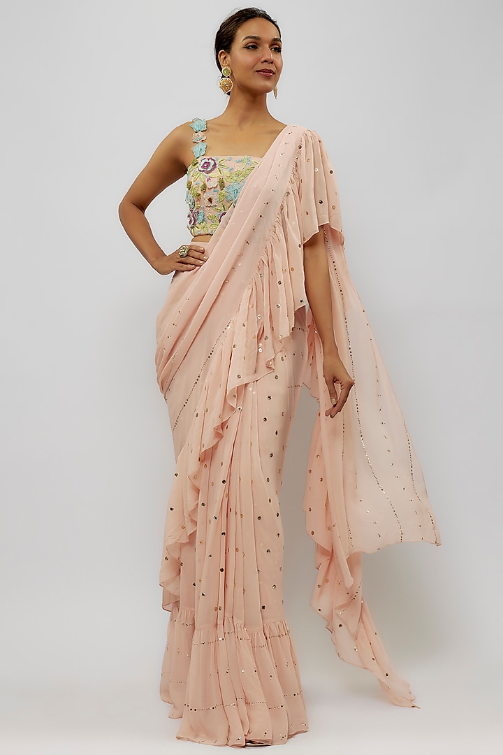 Blush Pink Mukaish Georgette Pre-Stitched Ruffled Reception Saree Set by Payal Singhal at Pernia's Pop Up Shop