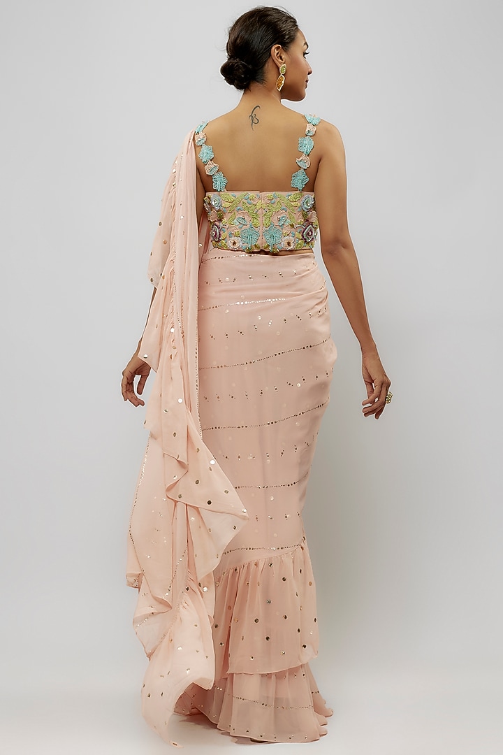 Blush Pink Mukaish Georgette Pre-Stitched Ruffled Reception Saree Set by Payal Singhal at Pernia's Pop Up Shop