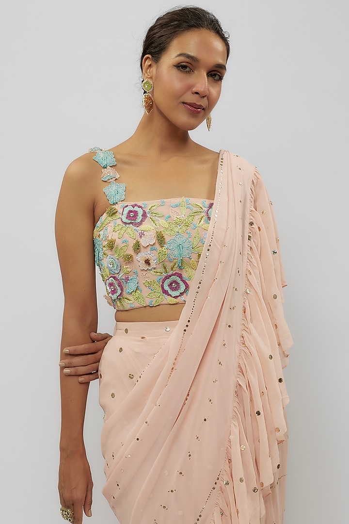 Blush Pink Mukaish Georgette Pre-Stitched Ruffled Reception Saree Set by Payal Singhal at Pernia's Pop Up Shop