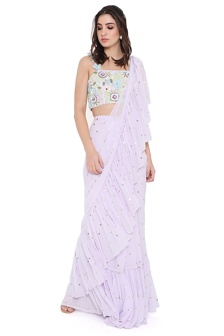 Lavender Mukaish Georgette Ruffled Pre-Stitched Saree Set by Payal Singhal at Pernia's Pop Up Shop