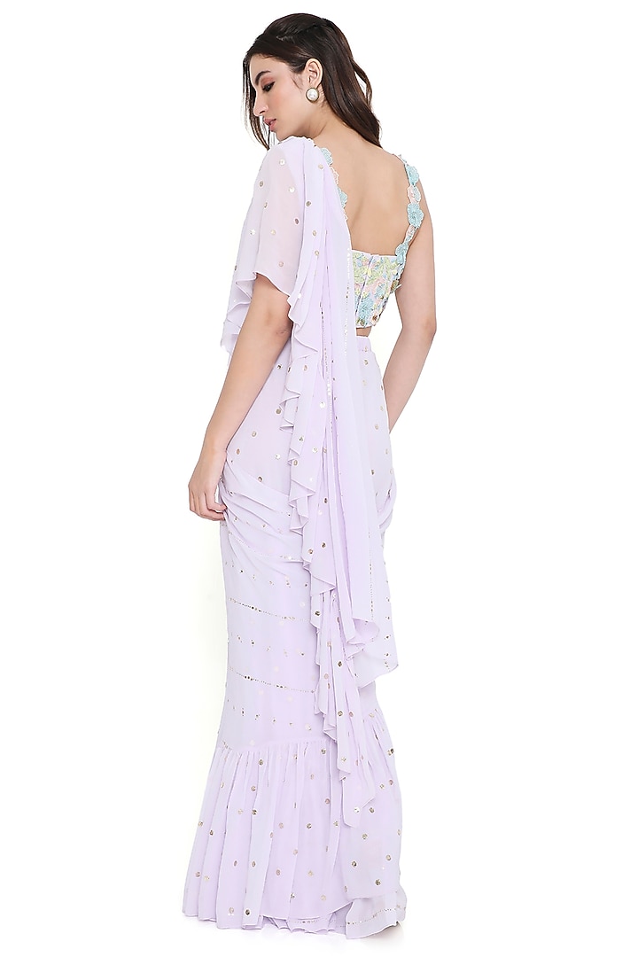 Lavender Mukaish Georgette Ruffled Pre-Stitched Reception Saree Set by Payal Singhal at Pernia's Pop Up Shop