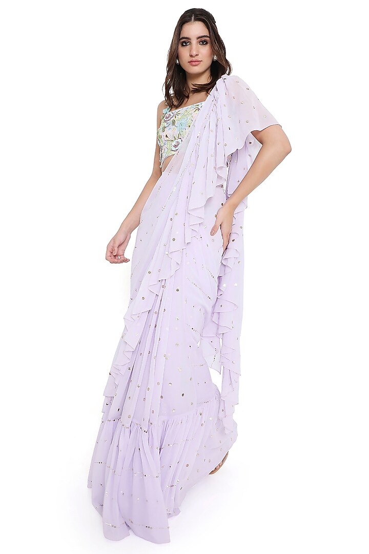 Lavender Mukaish Georgette Ruffled Pre-Stitched Reception Saree Set by Payal Singhal at Pernia's Pop Up Shop
