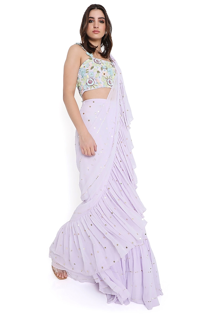 Lavender Mukaish Georgette Ruffled Pre-Stitched Reception Saree Set by Payal Singhal at Pernia's Pop Up Shop