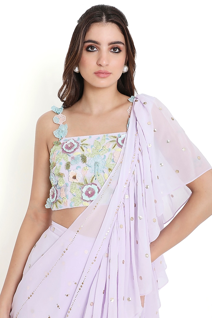 Lavender Mukaish Georgette Ruffled Pre-Stitched Reception Saree Set by Payal Singhal at Pernia's Pop Up Shop