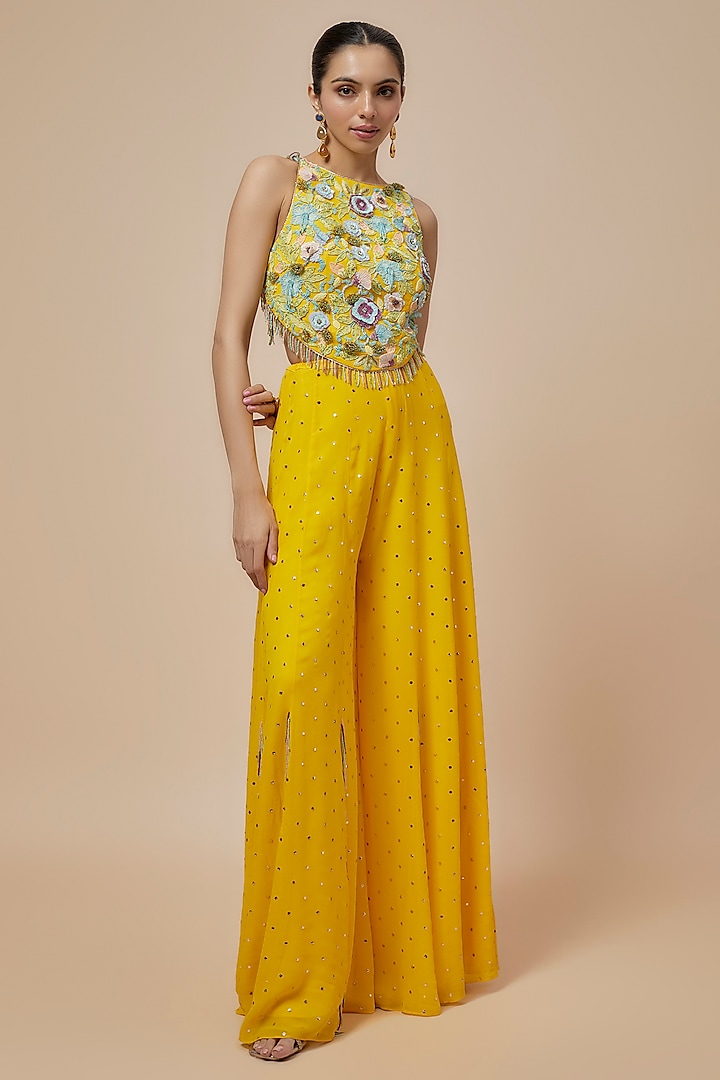 Yellow Mukaish Georgette Sharara Set by Payal Singhal at Pernia's Pop Up Shop