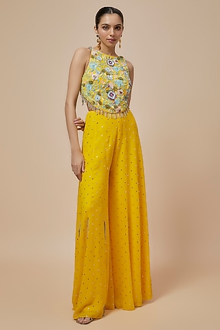 Yellow Mukaish Georgette Sharara Set by Payal Singhal