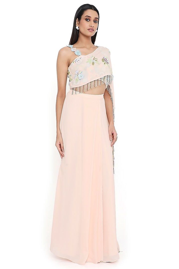 Peach Georgette Pre-Stitched Skirt Set by Payal Singhal at Pernia's Pop Up Shop