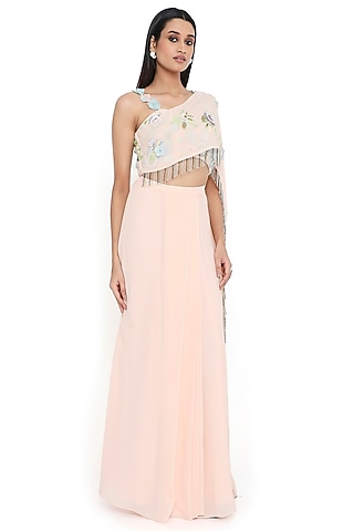 Peach Georgette Pre-Stitched Skirt Set by Payal Singhal