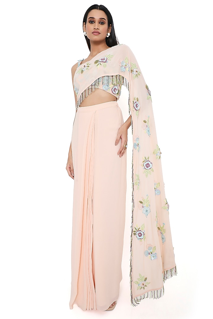 Peach Georgette Pre-Stitched Skirt Set by Payal Singhal at Pernia's Pop Up Shop