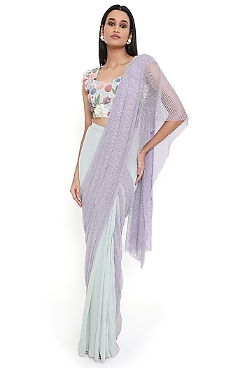 Sea Foam Georgette & Mesh Pre-Stitched Wedding Saree Set by Payal Singhal at Pernia's Pop Up Shop