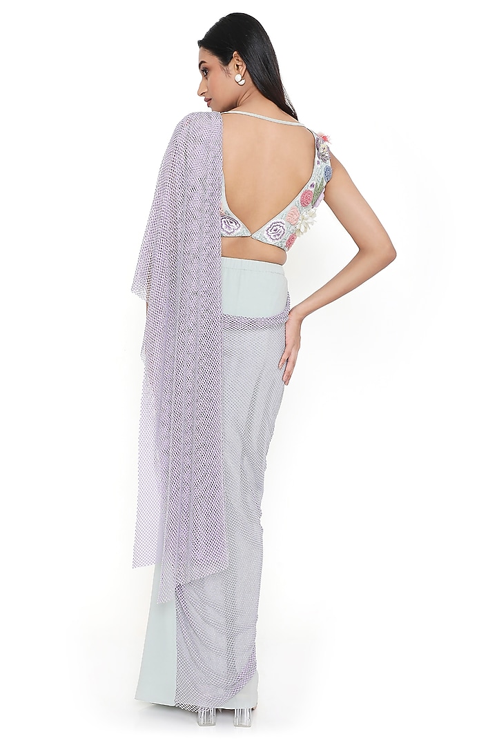 Sea Foam Georgette & Mesh Pre-Stitched Wedding Saree Set by Payal Singhal at Pernia's Pop Up Shop