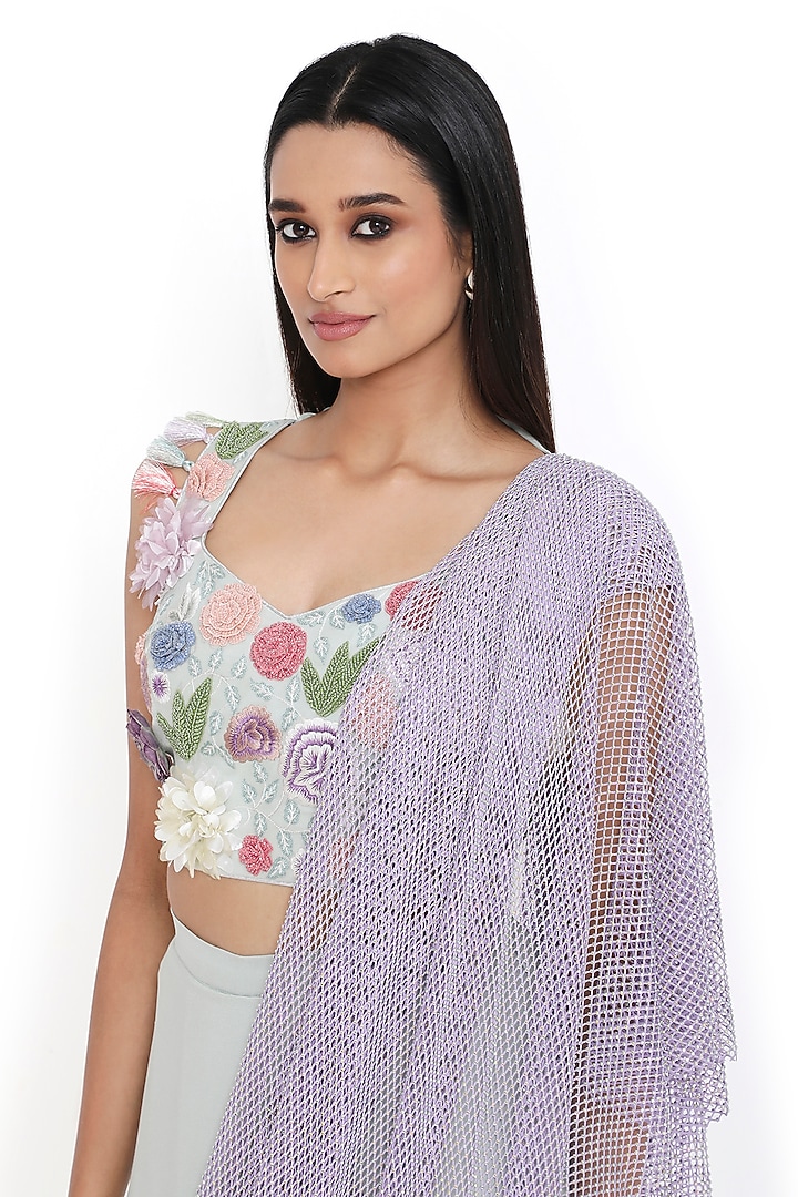 Sea Foam Georgette & Mesh Pre-Stitched Wedding Saree Set by Payal Singhal at Pernia's Pop Up Shop