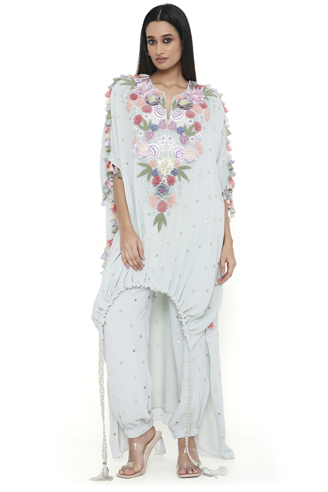 Sea Foam Mukaish Georgette Embroidered High-Low Kaftan Set by Payal Singhal at Pernia's Pop Up Shop
