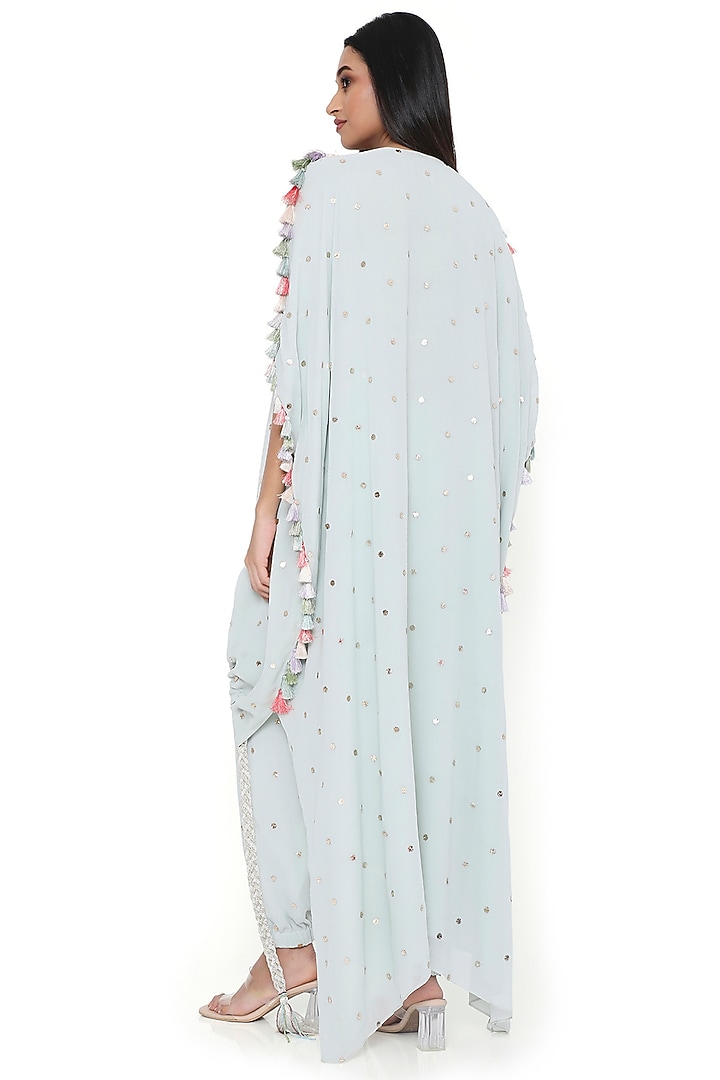 Sea Foam Mukaish Georgette Embroidered High-Low Kaftan Set by Payal Singhal at Pernia's Pop Up Shop