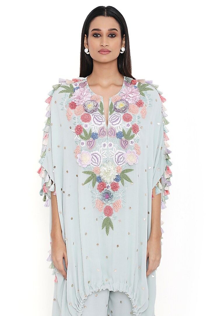 Sea Foam Mukaish Georgette Embroidered High-Low Kaftan Set by Payal Singhal at Pernia's Pop Up Shop