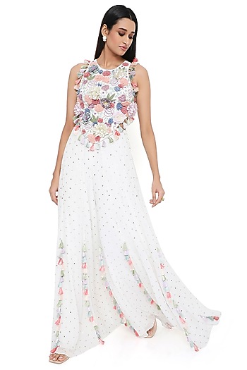 Off-White Georgette Embroidered Wedding Sharara Set by Payal Singhal at Pernia's Pop Up Shop