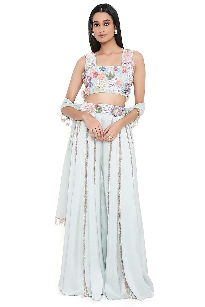 Seafoam Georgette Embroidered Bridal Sharara Set by Payal Singhal at Pernia's Pop Up Shop
