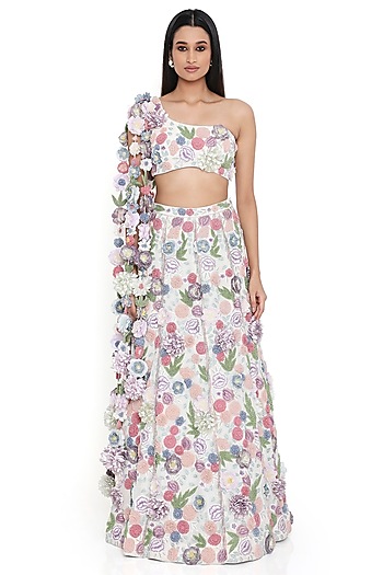 Off-White Georgette Embroidered Bridal Lehenga Set by Payal Singhal at Pernia's Pop Up Shop