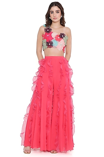 Coral & Hot Pink Georgette Ruffled Bridal Sharara Set by Payal Singhal at Pernia's Pop Up Shop
