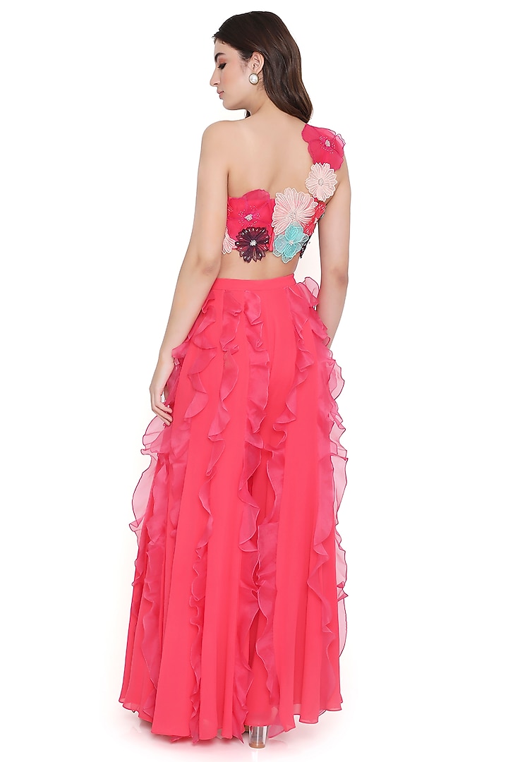 Coral & Hot Pink Georgette Ruffled Bridal Sharara Set by Payal Singhal at Pernia's Pop Up Shop