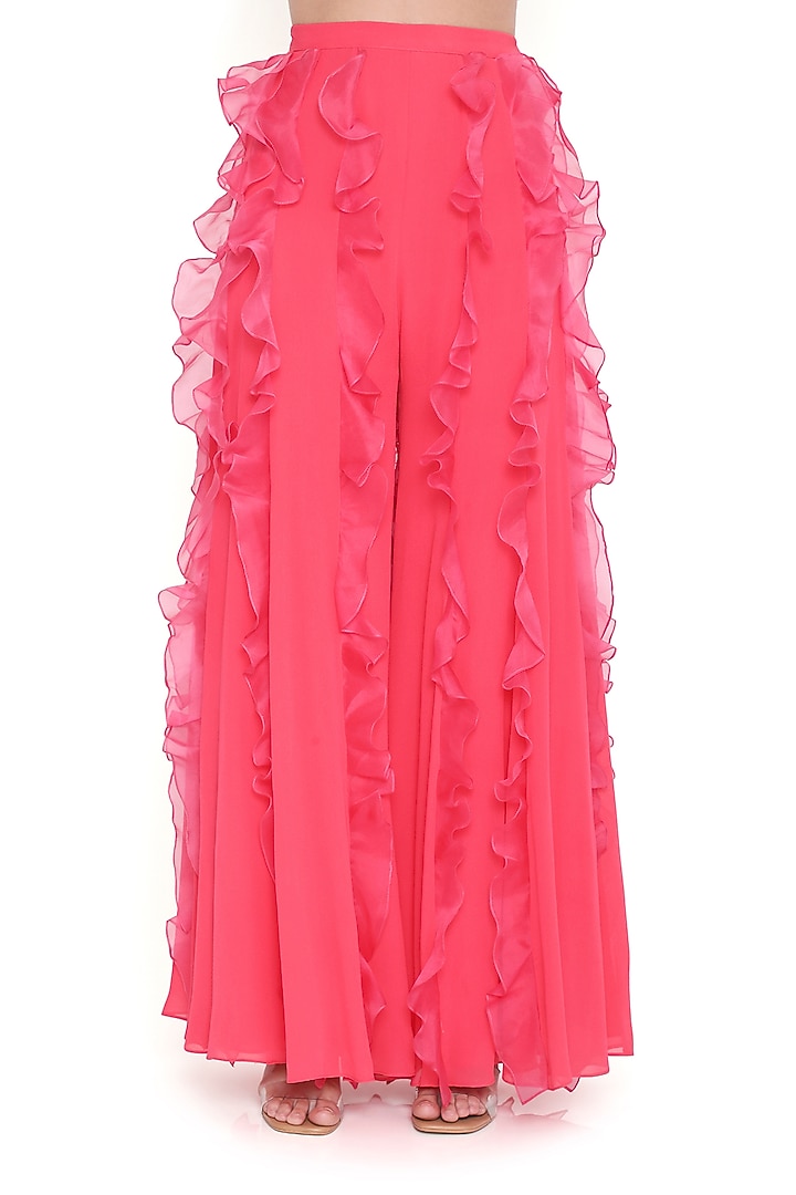 Coral & Hot Pink Georgette Ruffled Bridal Sharara Set by Payal Singhal at Pernia's Pop Up Shop