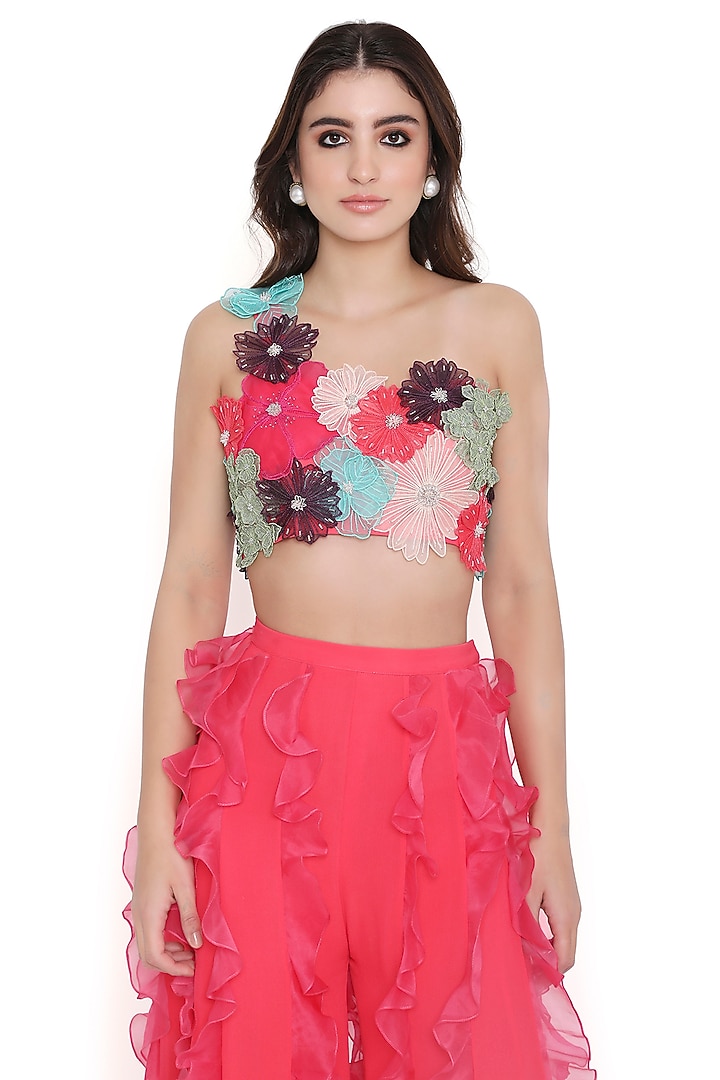 Coral & Hot Pink Georgette Ruffled Bridal Sharara Set by Payal Singhal at Pernia's Pop Up Shop